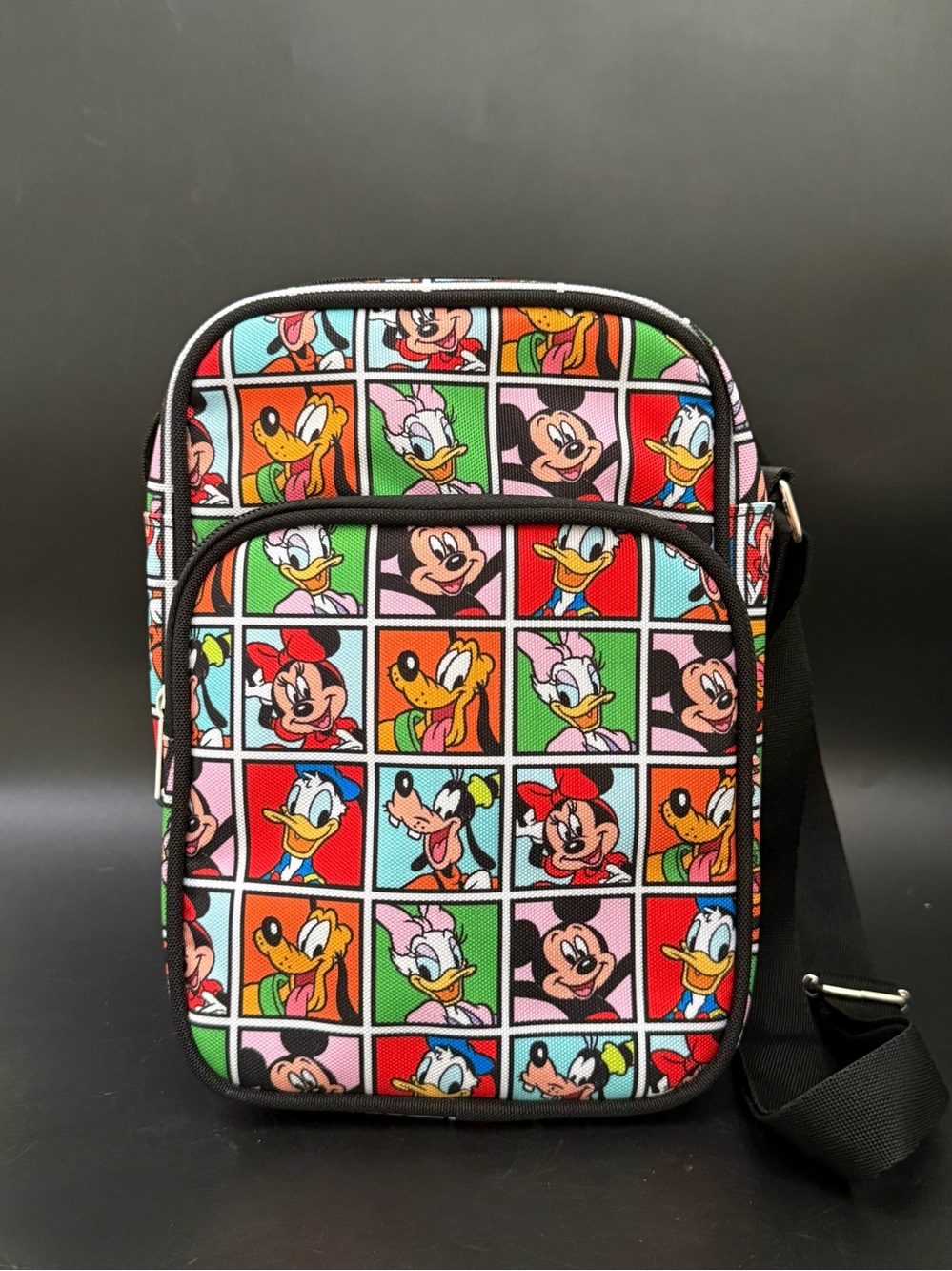 DISNEY Parks Mickey & Friends Comic Grid Pattern Multi Canvas Crossbody Bag